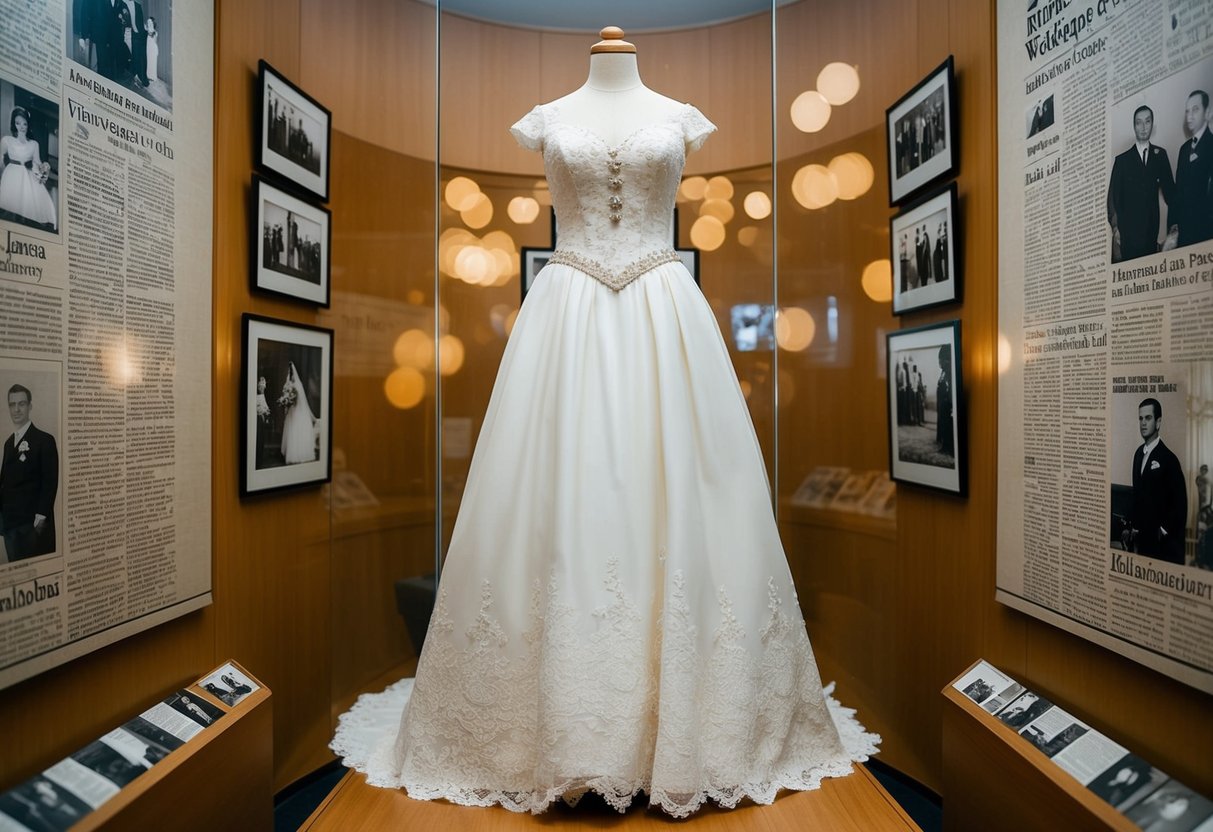 A vintage wedding dress displayed in a museum, surrounded by old photographs and newspaper clippings