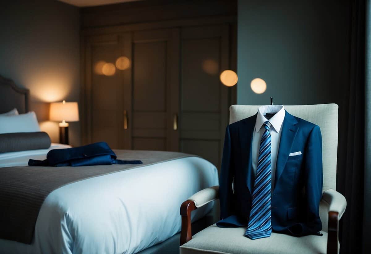 A cozy bed in a dimly lit room with a suit and tie laid out neatly on a chair