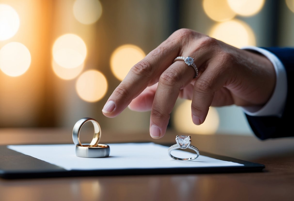 A hand reaching for a wedding band on a table, while an engagement ring sits nearby