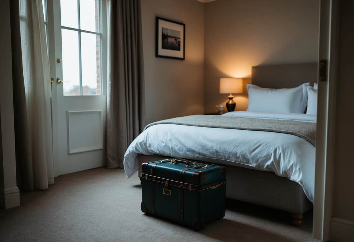 A cozy and dimly lit bedroom with a neatly made bed and a suitcase on the floor, suggesting the absence of the groom the night before the wedding