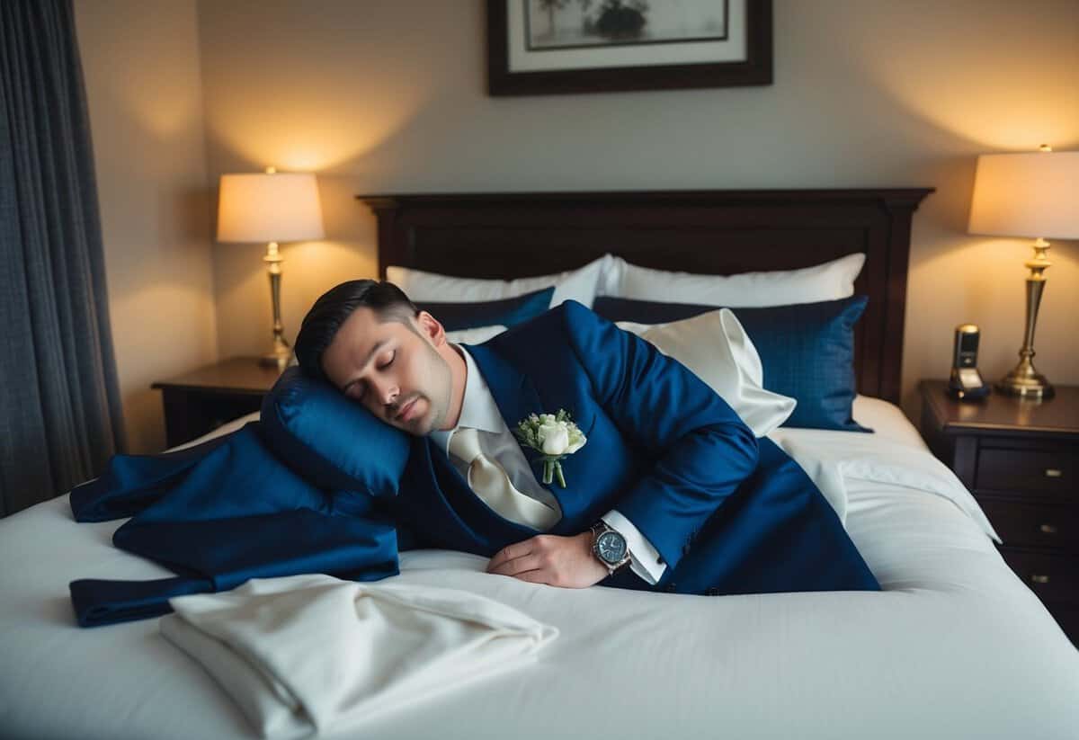 The groom sleeps in a cozy, dimly lit room with a neatly made bed, surrounded by his suit and other wedding attire laid out for the next day