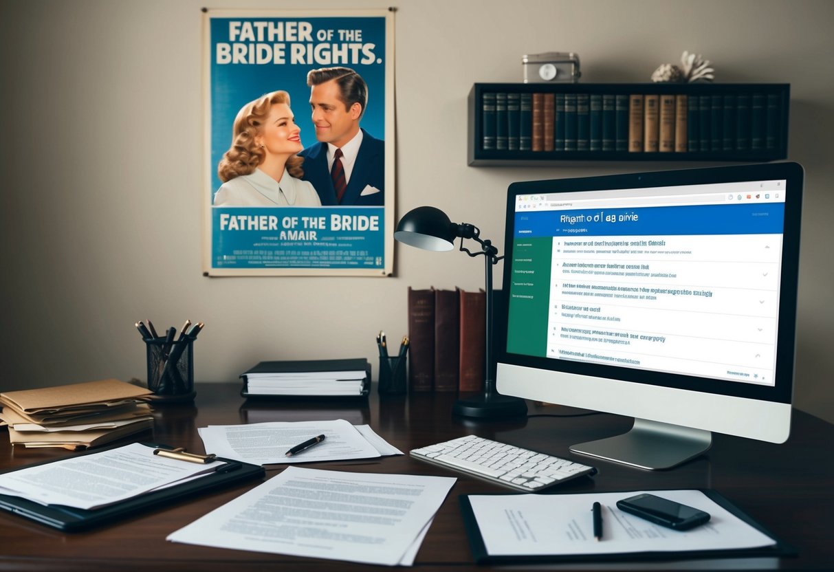 A cluttered desk with legal documents and a vintage movie poster on the wall. A computer screen displays the search query "Father of the Bride rights."