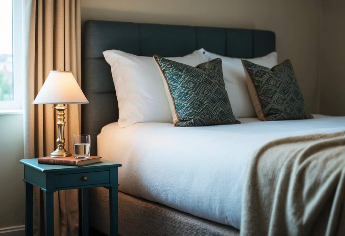 A cozy, well-decorated bedroom with a neatly made bed and a small table with a lamp, a glass of water, and a book