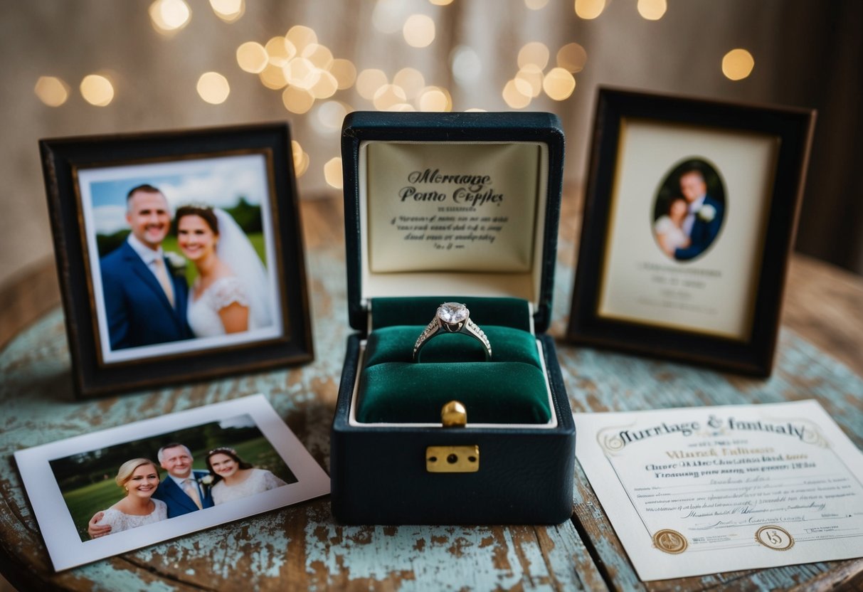 A vintage wedding ring displayed on a weathered wooden table, surrounded by family photos and a framed marriage certificate