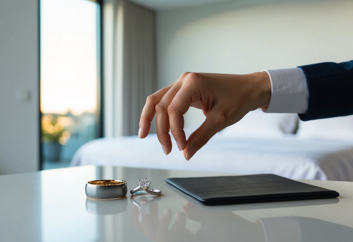 A hand reaching for a wedding band resting on a table, while an engagement ring sits nearby. The setting is a modern, minimalist bedroom with soft natural light
