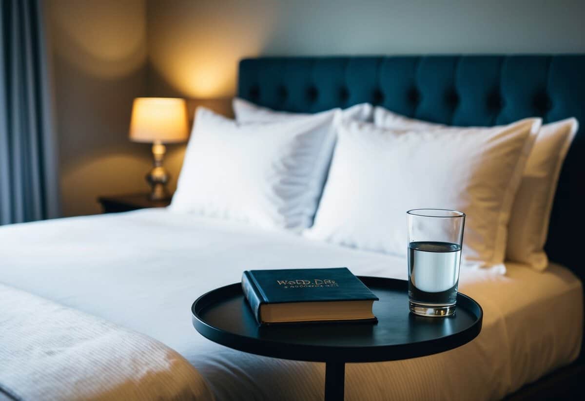 A cozy, dimly lit bedroom with a neatly made bed and a small table holding a glass of water and a book on wedding etiquette