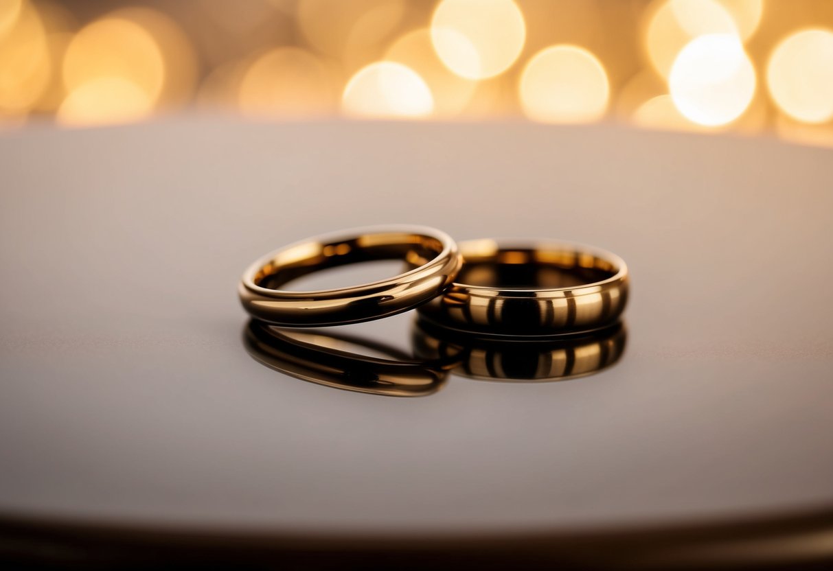 Two wedding rings resting on a smooth, polished surface, reflecting the soft glow of a warm, golden light