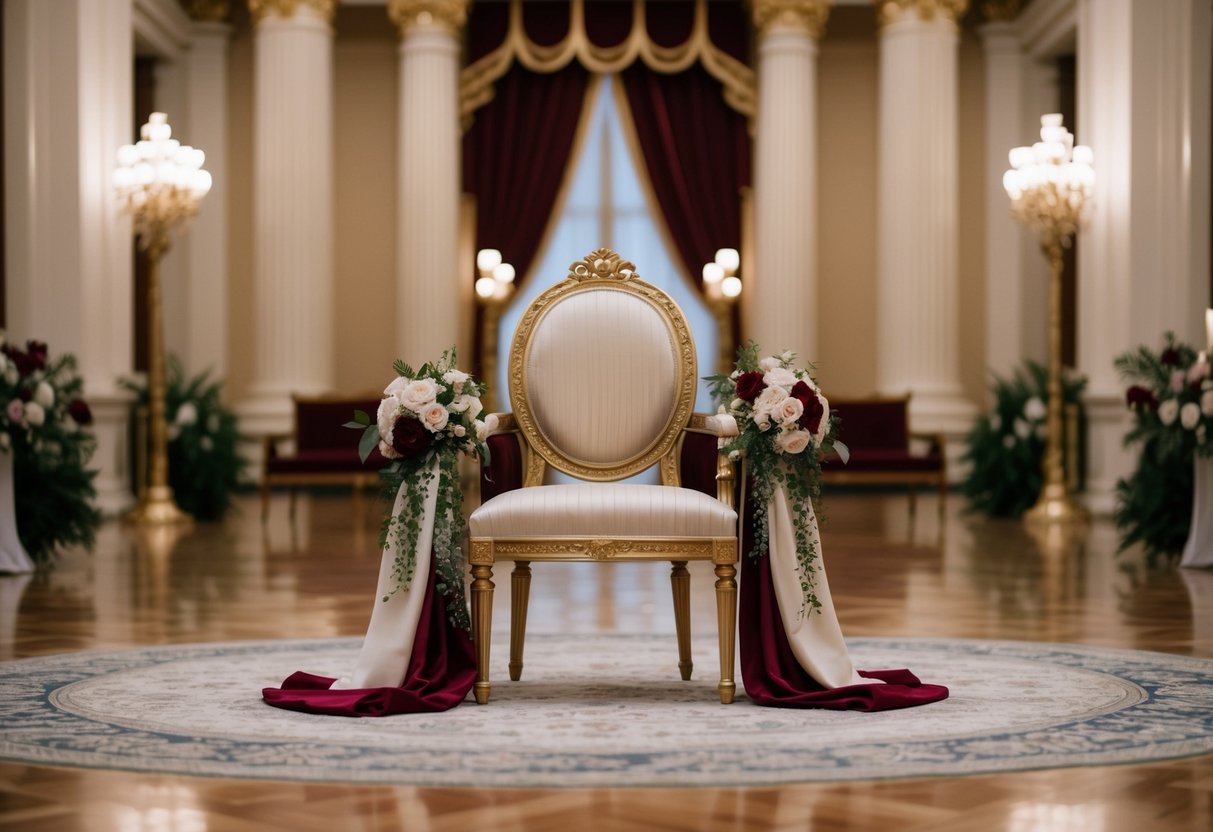 A regal, empty chair adorned with flowers and draped in elegant fabric, placed at the front of a grand hall