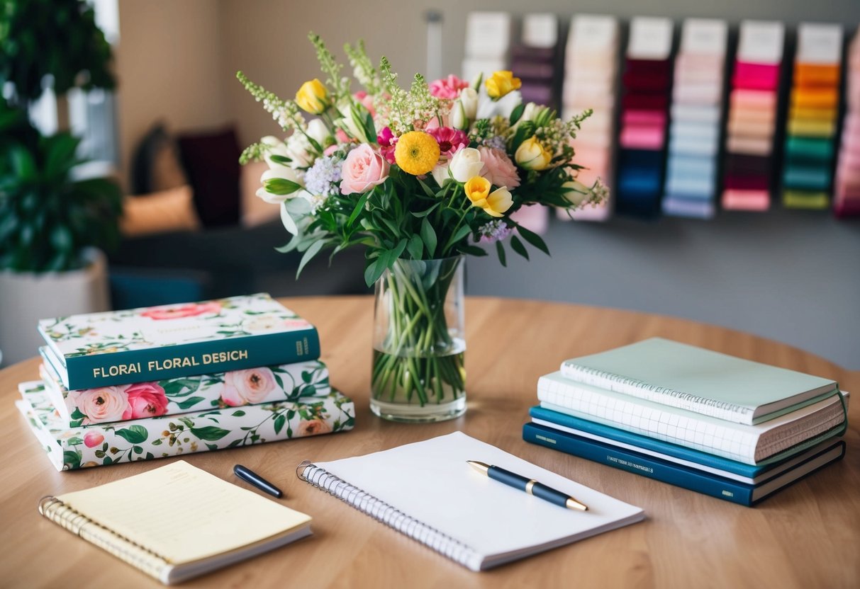 A table set with floral design books, fabric swatches, and a notepad with a pen. A vase filled with fresh flowers sits in the center