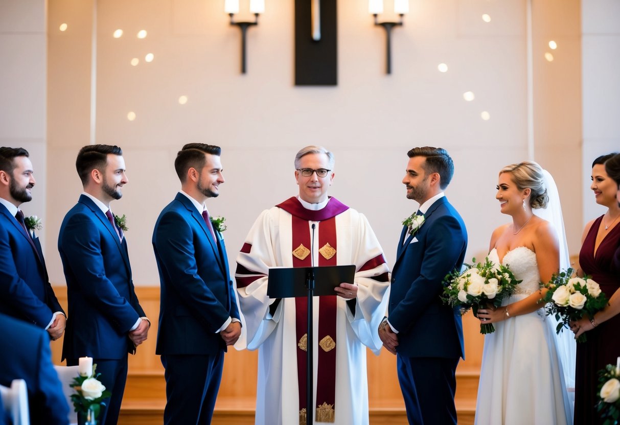 The officiant stands at the front of the ceremony space, with the groom and best man to the left and the bride and maid of honor to the right