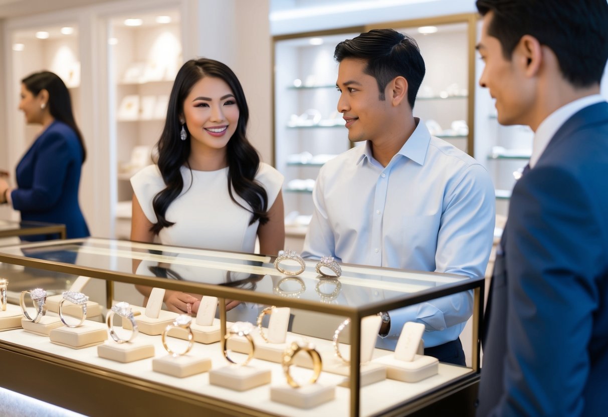 A jewelry store with a display of sparkling engagement rings and wedding bands, a couple discussing their options with a salesperson