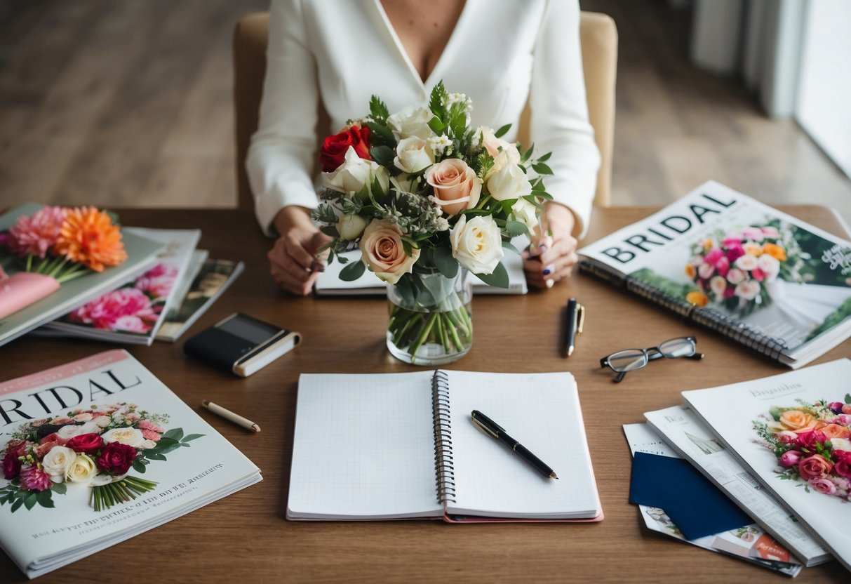 A bride-to-be sits at a table with a notebook and pen, surrounded by bridal magazines and floral samples. A vase of fresh flowers sits in the center