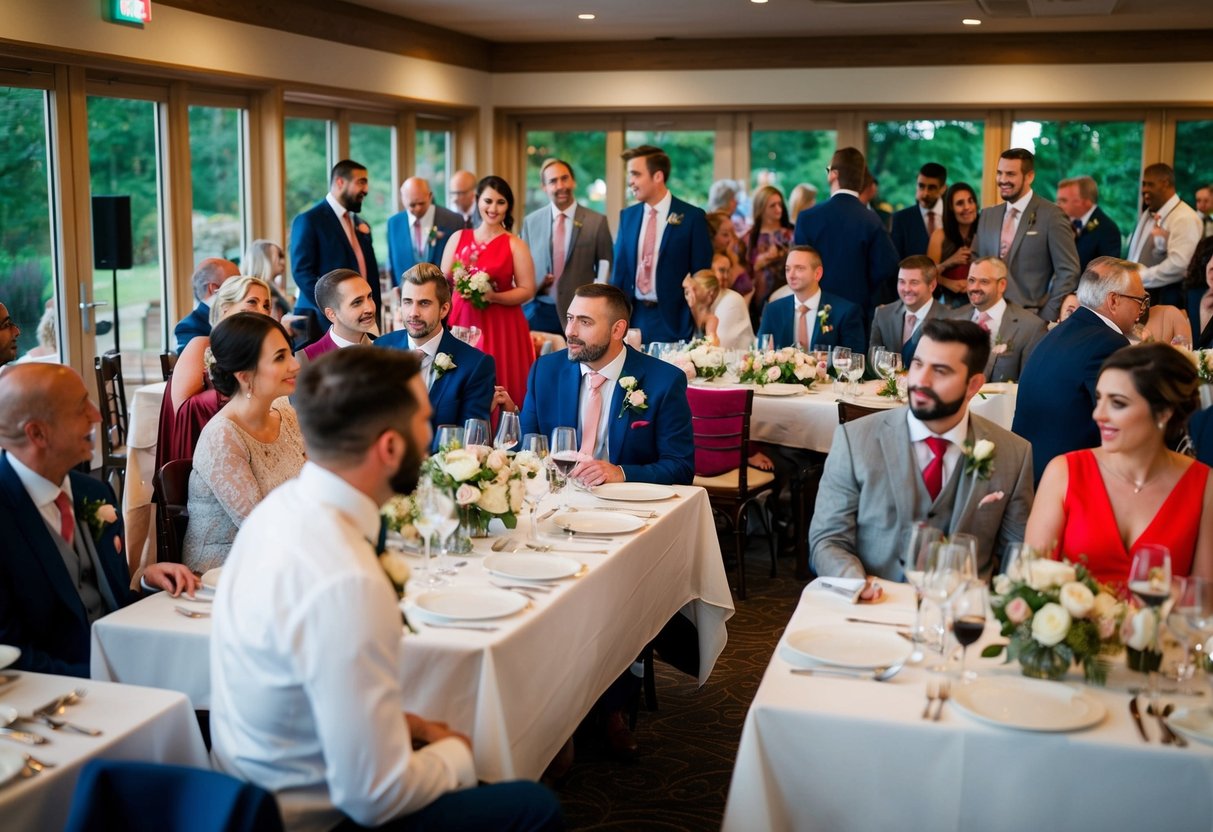 Guests gather around tables, waiting for the newlyweds to arrive. The seating chart indicates their assigned places, creating a sense of anticipation and excitement