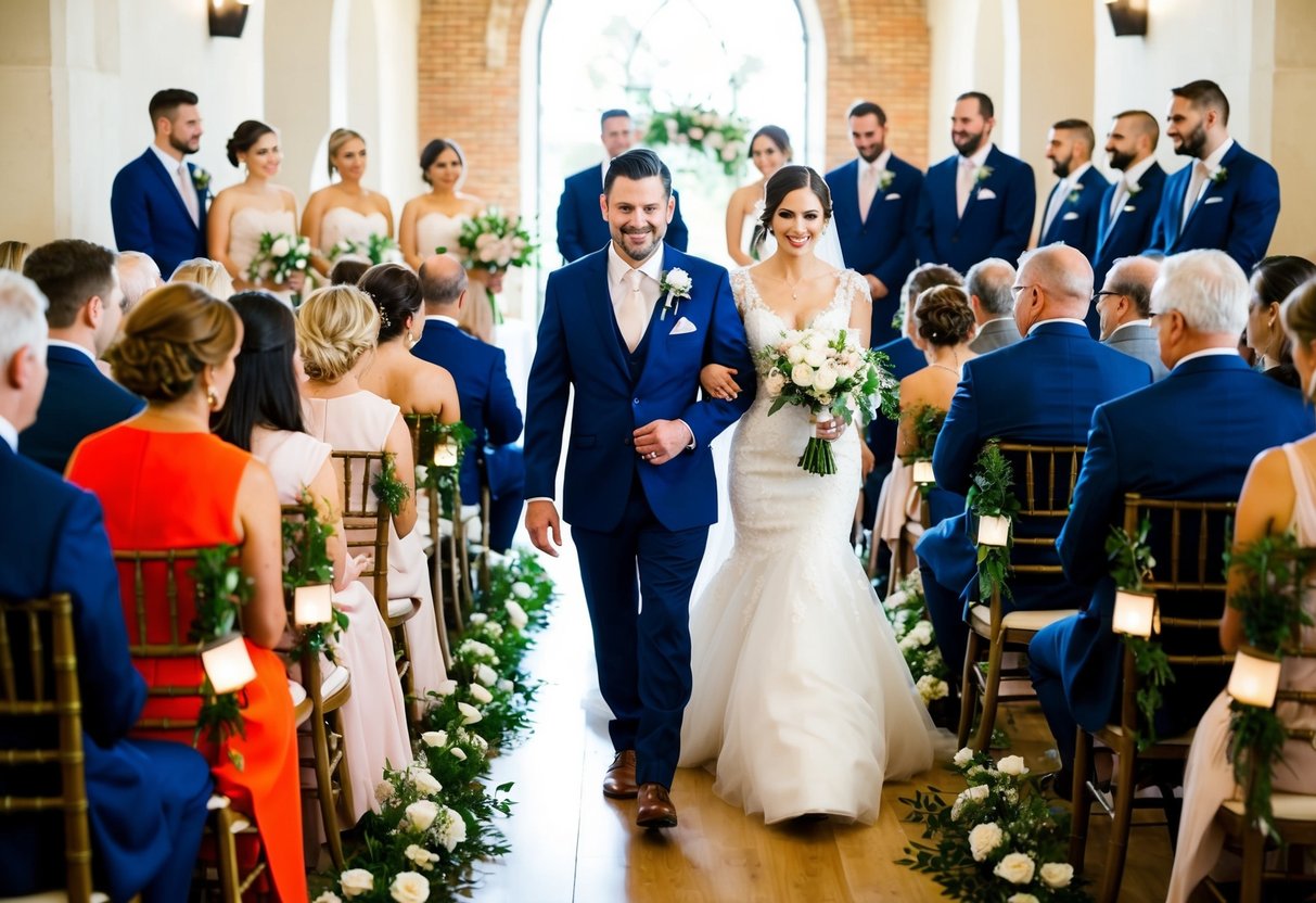 Guests and wedding party seated at ceremony. Ushers guide them to their seats, while the wedding party enters and takes their places before the guests