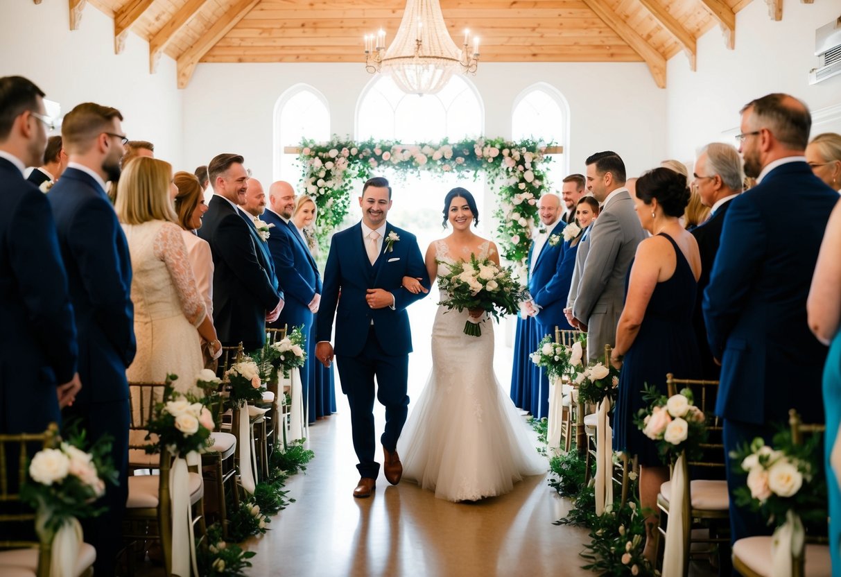 A wedding ceremony begins as guests gather and the couple walks down the aisle. Flowers and decorations adorn the venue, creating a romantic atmosphere