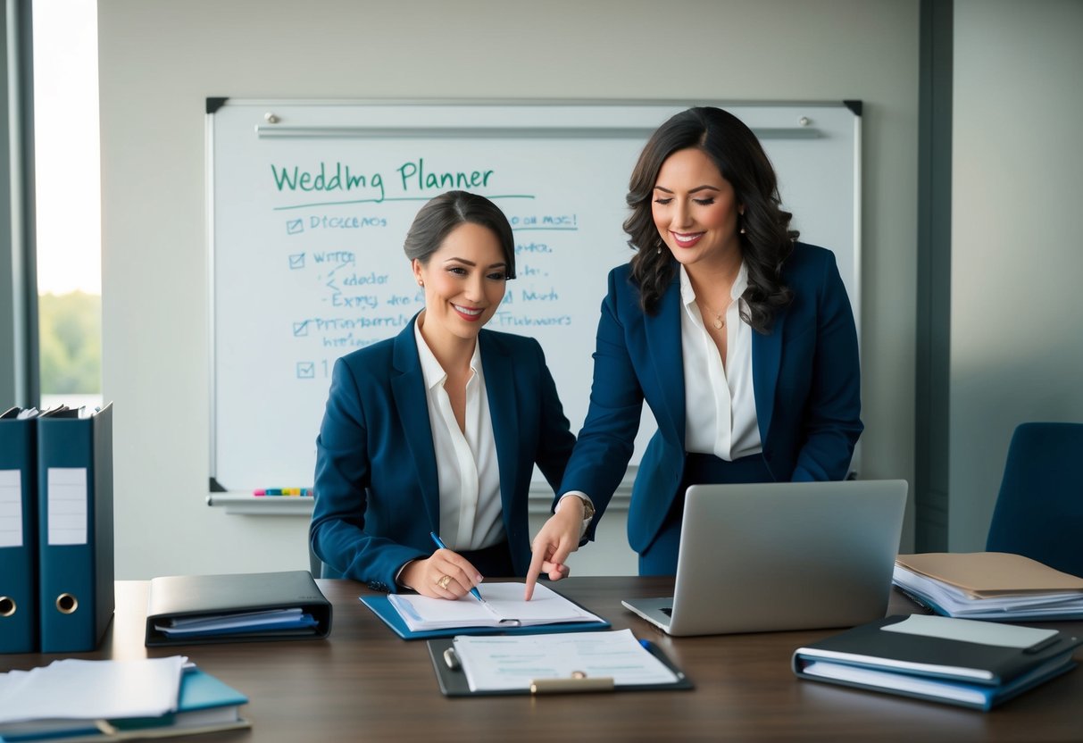 A wedding planner sits at a desk with a laptop, surrounded by binders and files. A wedding consultant stands in front of a whiteboard, pointing to diagrams and notes