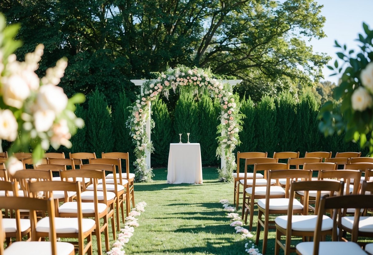 A sunlit outdoor setting with a floral arch and rows of chairs facing a simple altar, surrounded by greenery and soft lighting