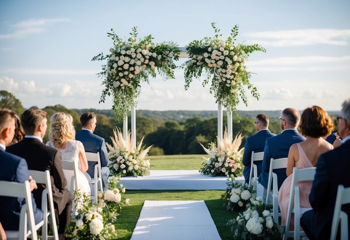 A decorated wedding altar with floral arrangements and seating for guests, set against a scenic outdoor backdrop
