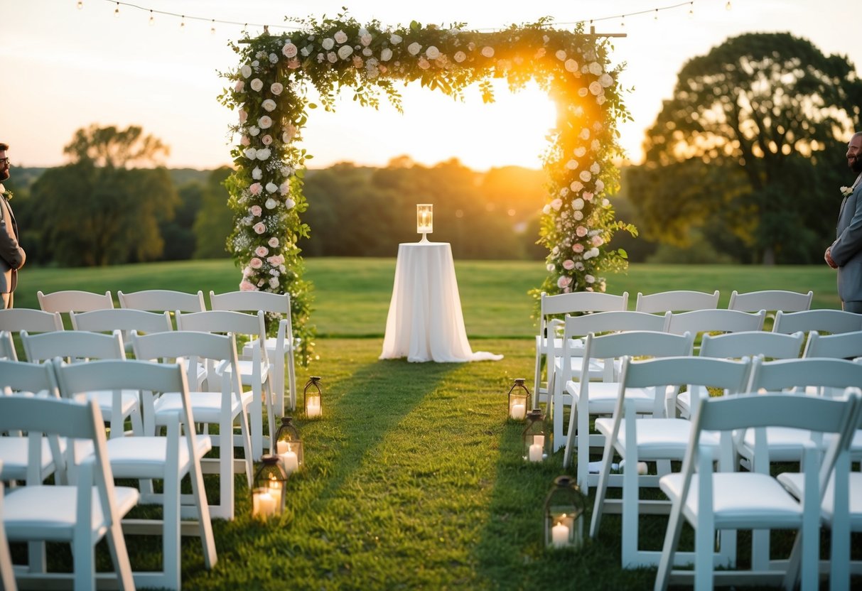A wedding ceremony begins in a decorated outdoor setting with a flower-covered arch and rows of chairs. The sun is setting, casting a warm glow over the scene