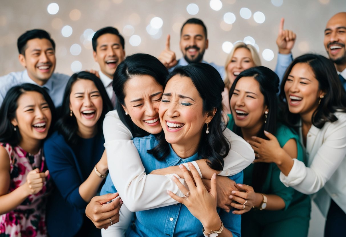 A mother embraces her daughter, smiling with tears in her eyes, surrounded by joyful friends and family