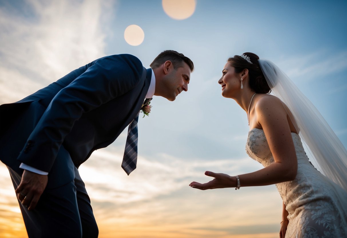 A figure leans in, gesturing toward the bride and groom