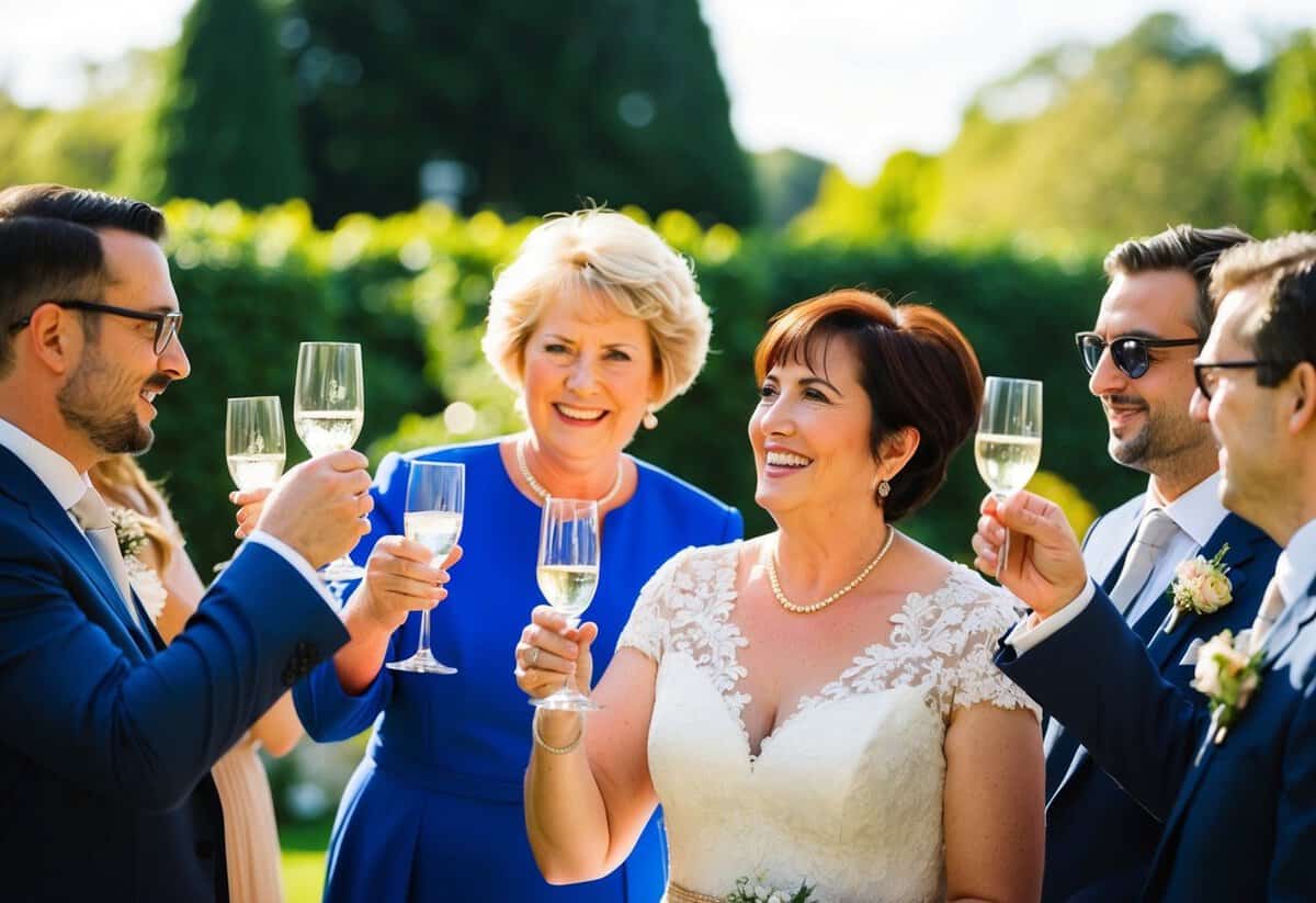 Guests raise glasses in a sunlit garden, as a beaming mother offers heartfelt words to her daughter and new son-in-law