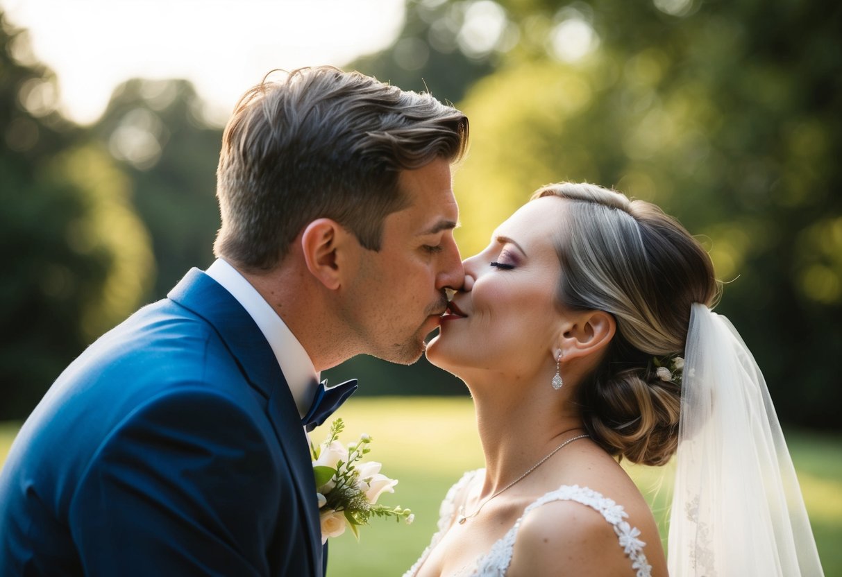 The groom leans in to kiss the bride after exchanging vows