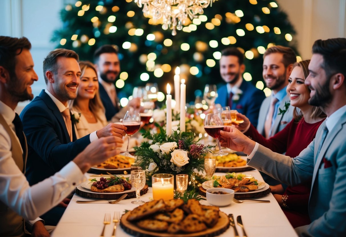 A festive gathering with decorations, food, and drinks to celebrate an upcoming wedding