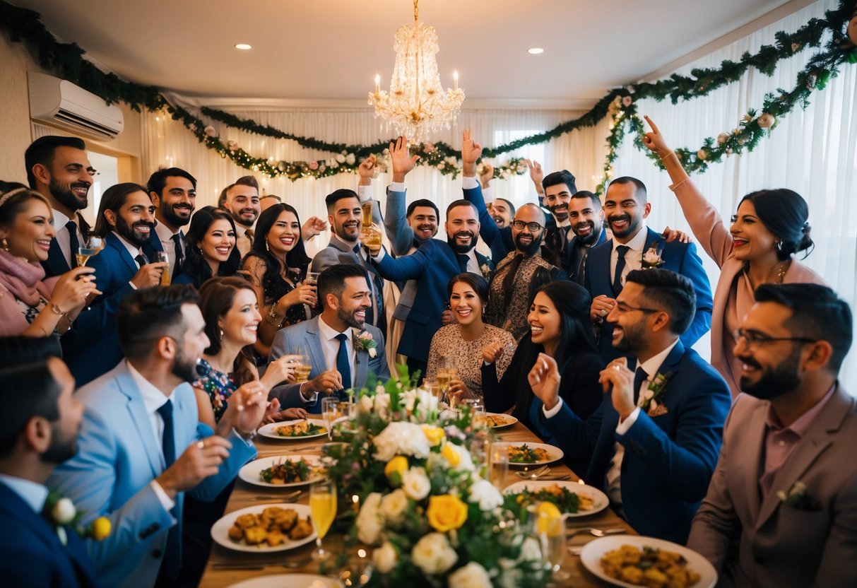 A group of people gather in a festive setting, with decorations, music, and food, celebrating the upcoming wedding with joy and excitement
