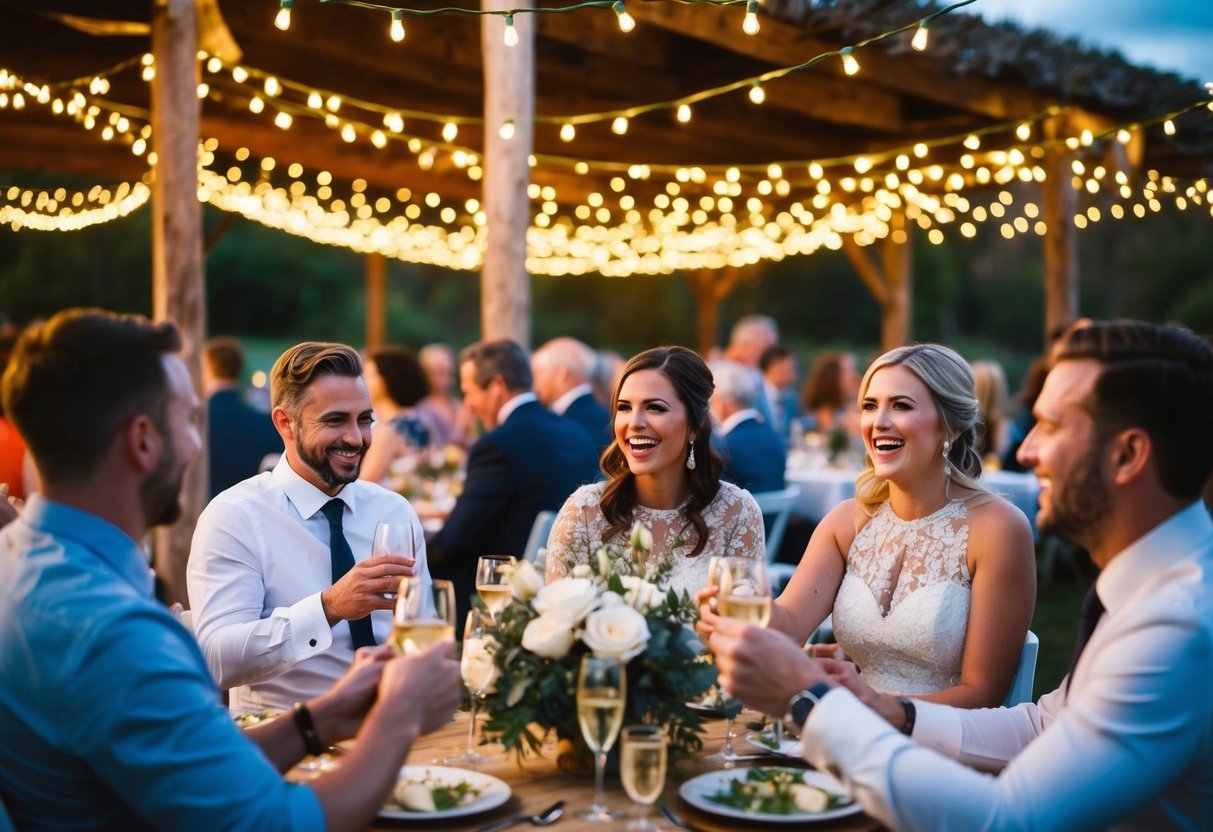 Guests mingle under twinkling lights at a rustic outdoor venue, enjoying a pre-wedding celebration with laughter and toasts