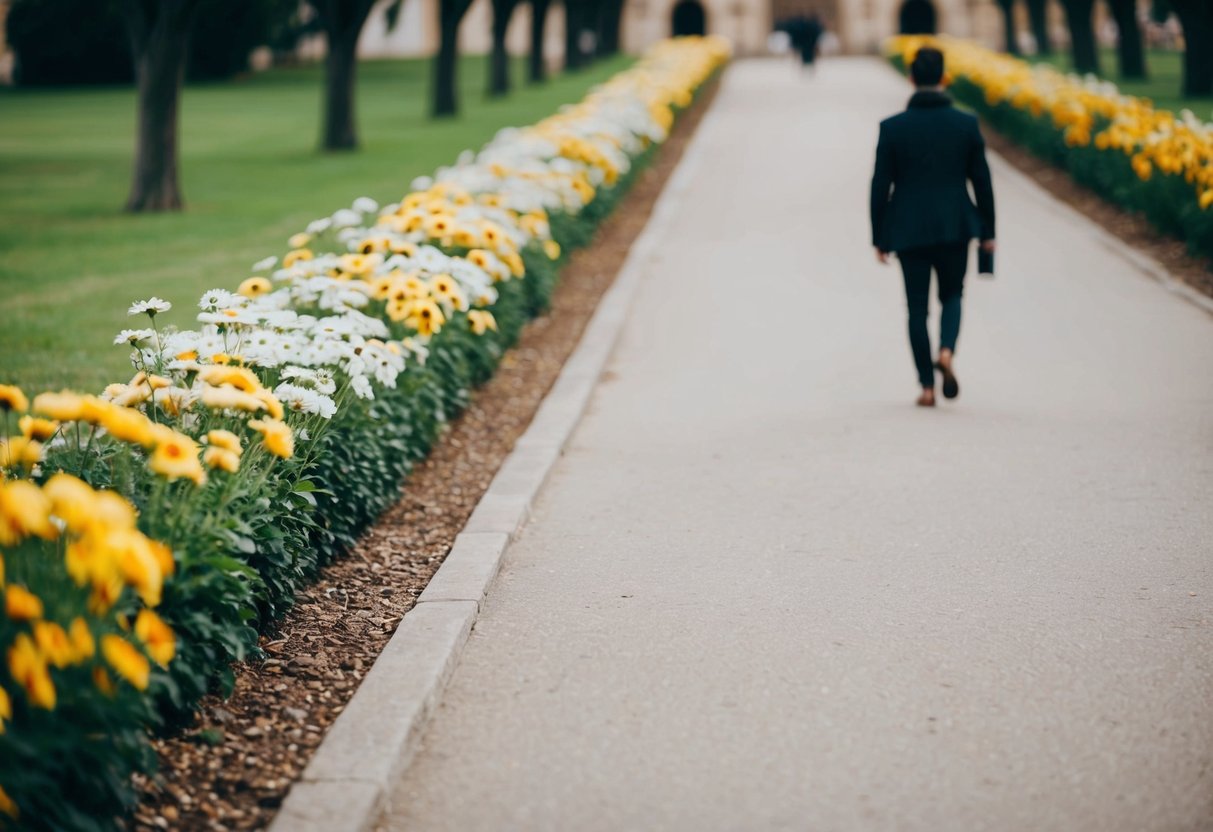 A lone figure walks down a flower-lined path towards a distant archway