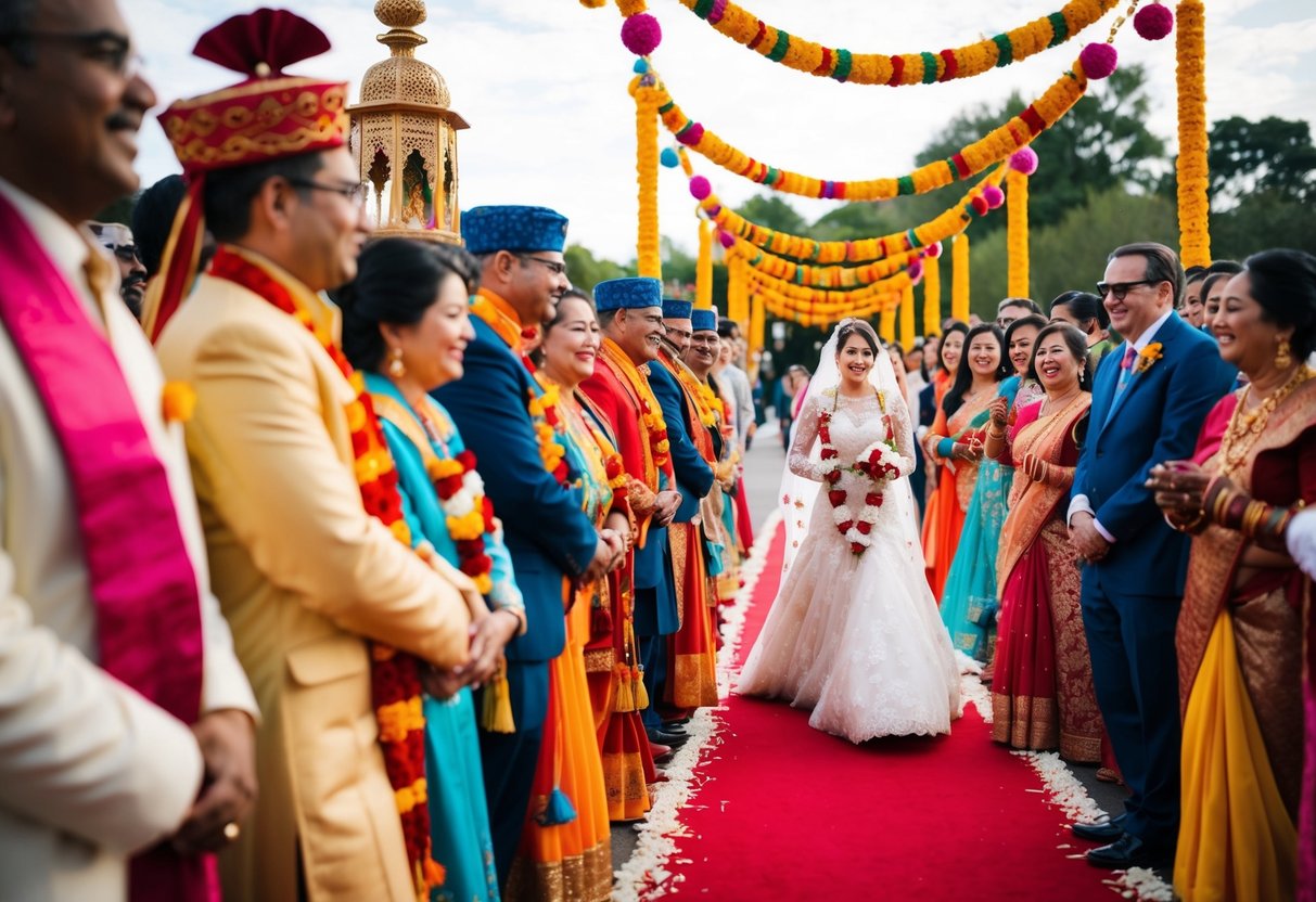 A lone bride walks through a vibrant, ornate procession, surrounded by joyful onlookers and traditional decorations