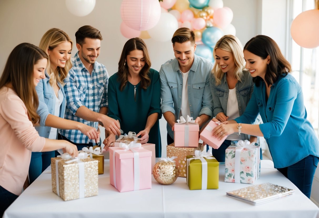 A group of friends gather around a table, arranging decorations and gifts for a bridal shower