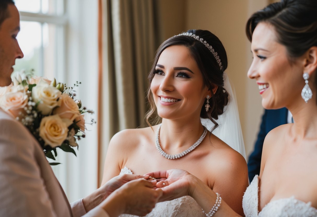 A sparkling necklace is presented to the bride by a close friend