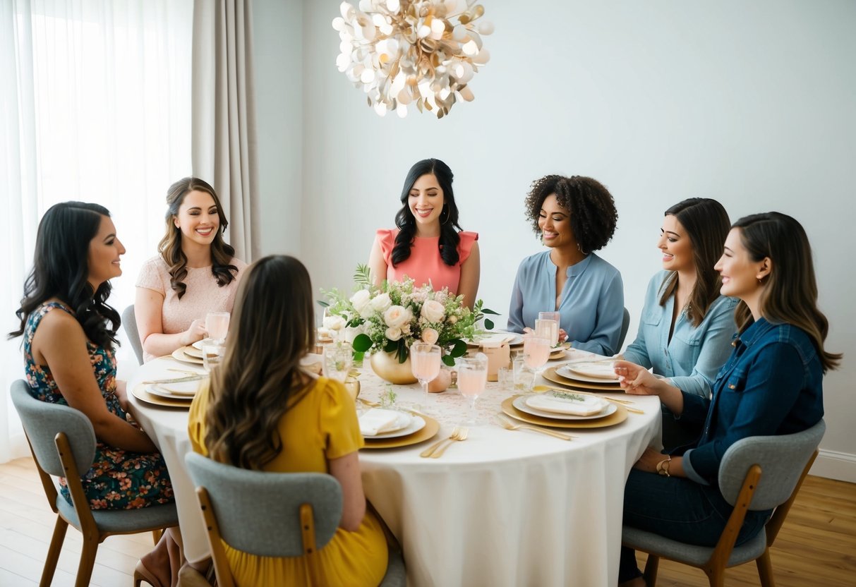 A group of friends sit around a table covered with bridal shower decorations, discussing and organizing the celebration