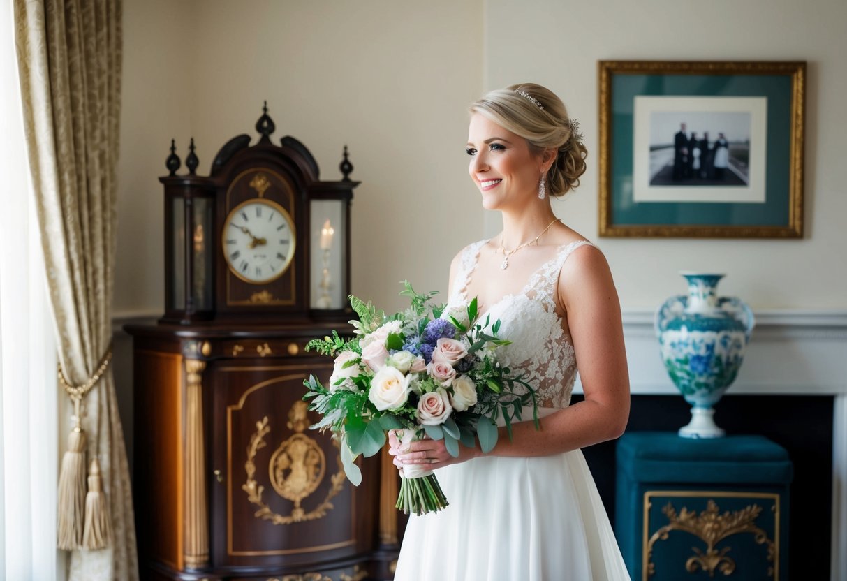 A bride holding a fresh bouquet of flowers while standing next to a family heirloom passed down through generations