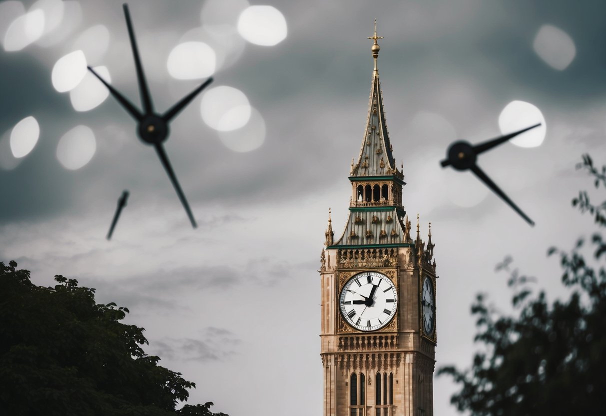 A clock tower with both the hour and half hour hands pointing in opposite directions