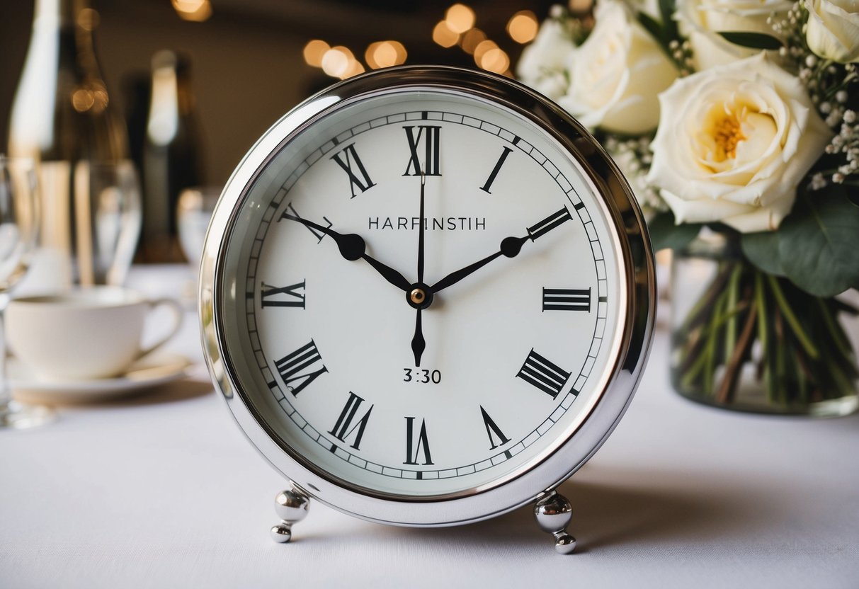 A clock showing 3:30 with wedding decorations in the background