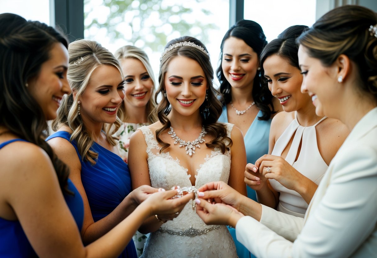 A bride holding a delicate, sparkling piece of jewelry, surrounded by her friends admiring the 'Something New' gift