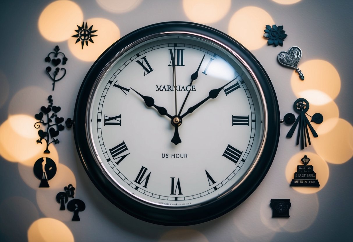 A clock with hands pointing to both the hour and half hour, surrounded by symbols of marriage and superstitions