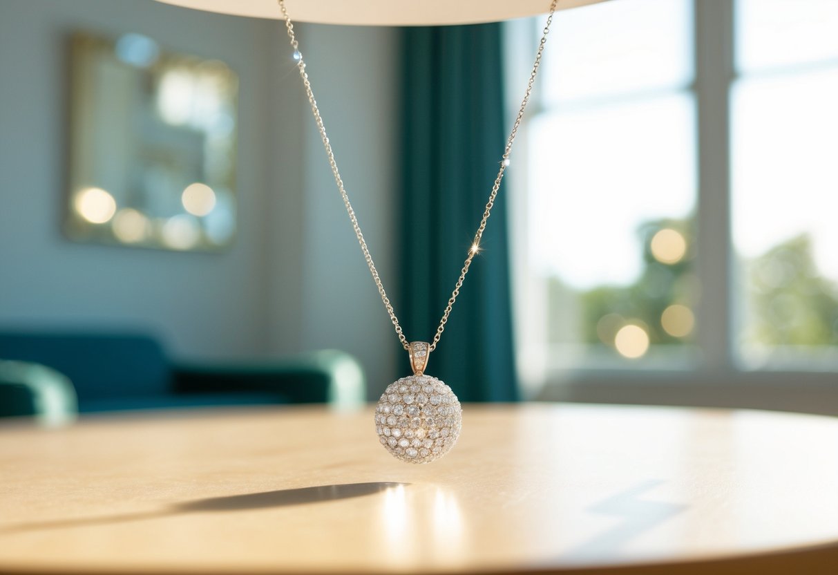 A sparkling necklace hangs from a delicate stand, catching the light in a sunlit room
