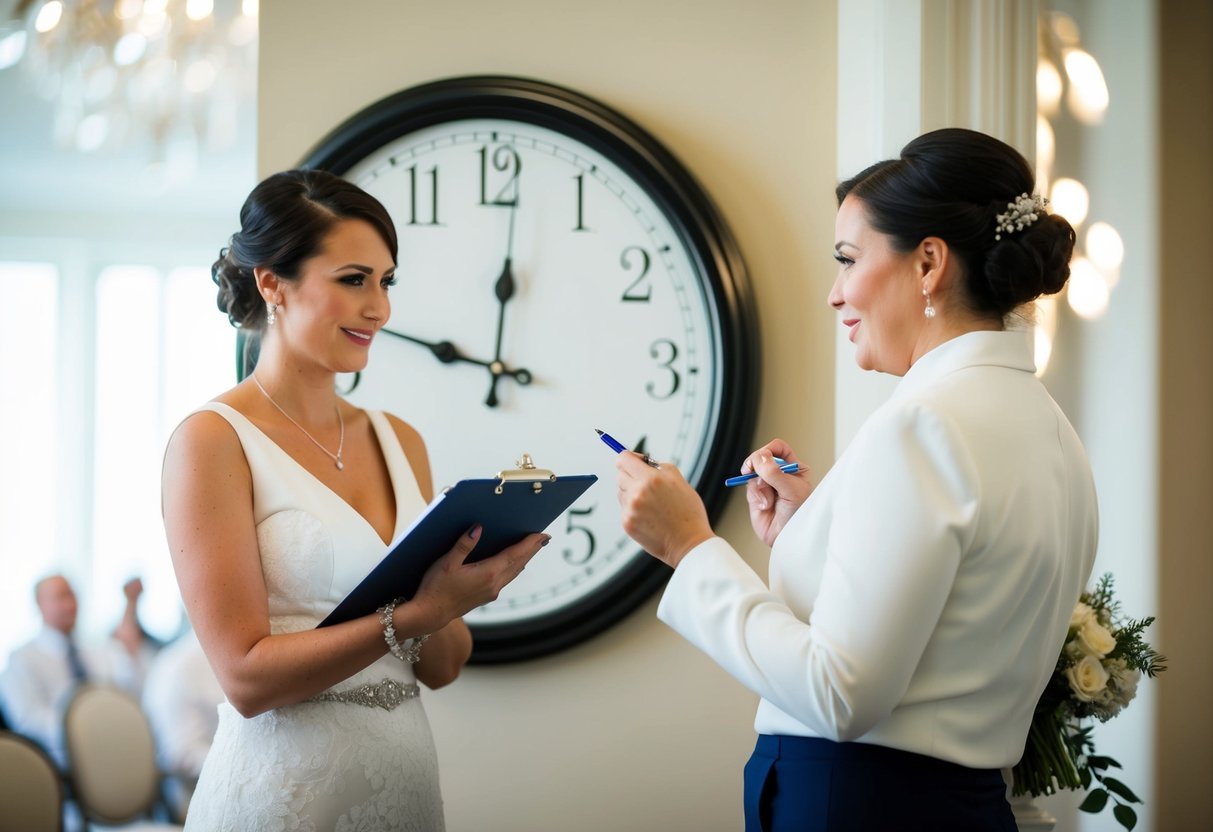 A wedding planner with a clipboard and pen, standing in front of a clock, deliberating over wedding ceremony times