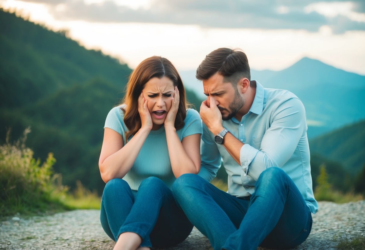 A couple arguing in a scenic location, looking stressed and uncomfortable