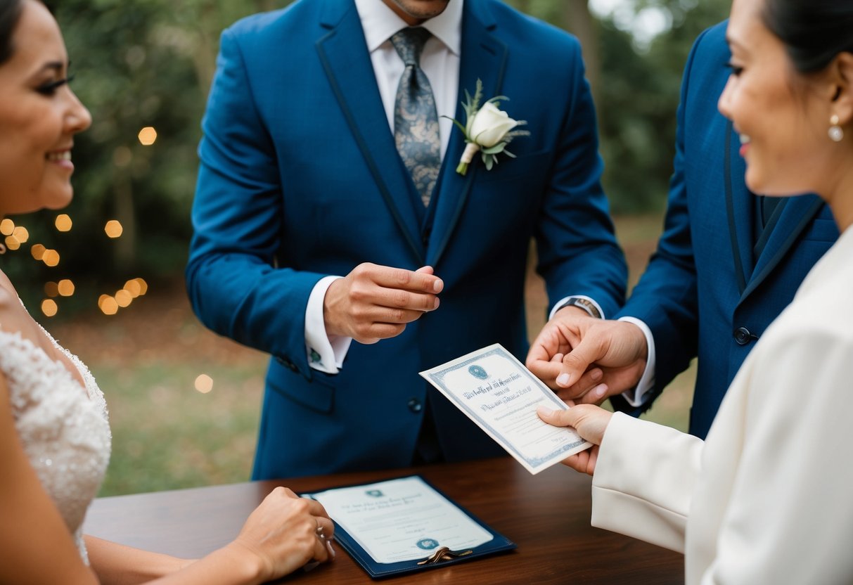 A wedding officiant checking the identification of two witnesses