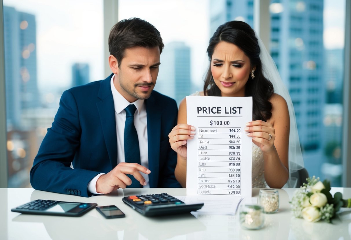 A couple looking at a price list with frowning expressions. A calculator and various wedding-related items scattered on a table