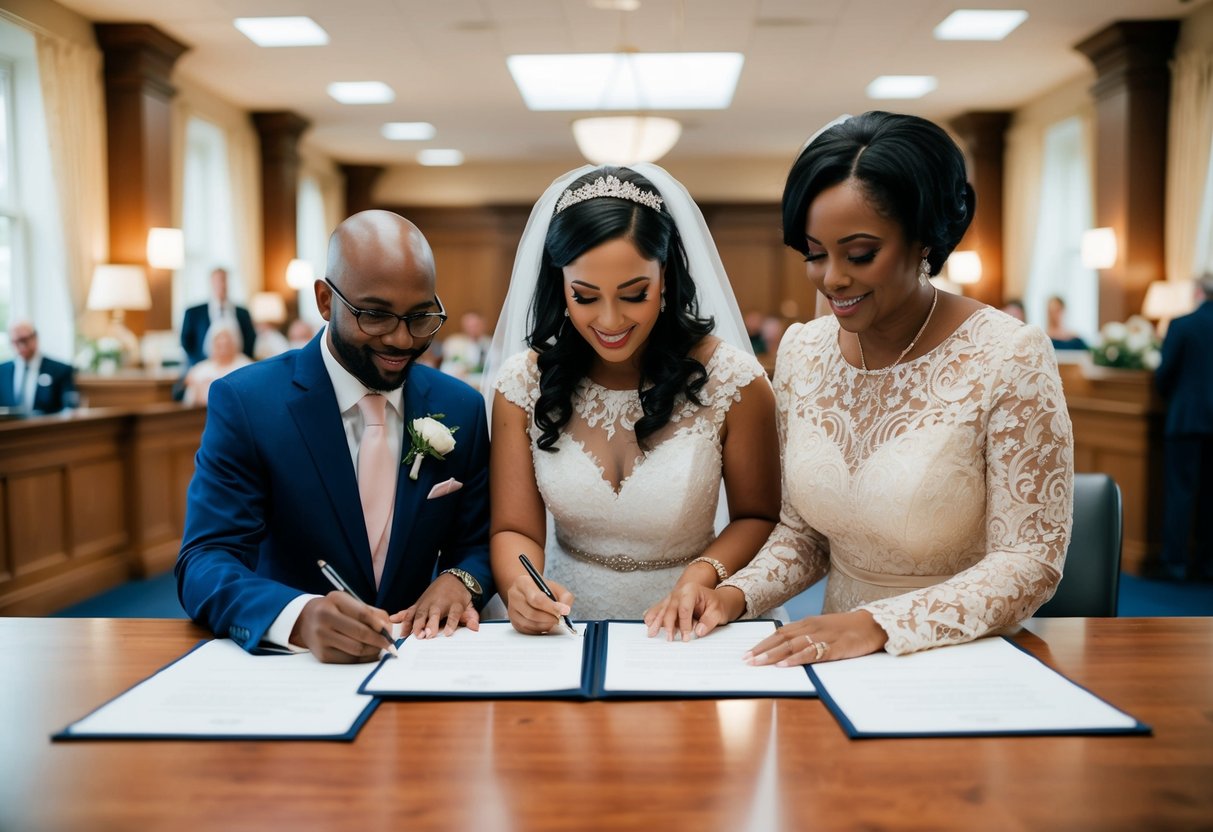 A wedding registry office with two witnesses signing documents