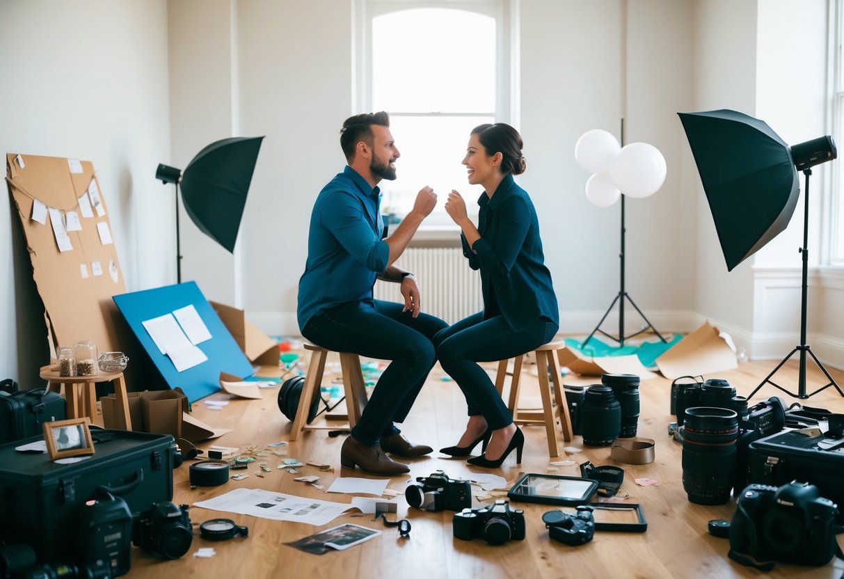 A couple arguing over pre-wedding shoot props and locations, surrounded by scattered photography equipment and torn inspiration boards