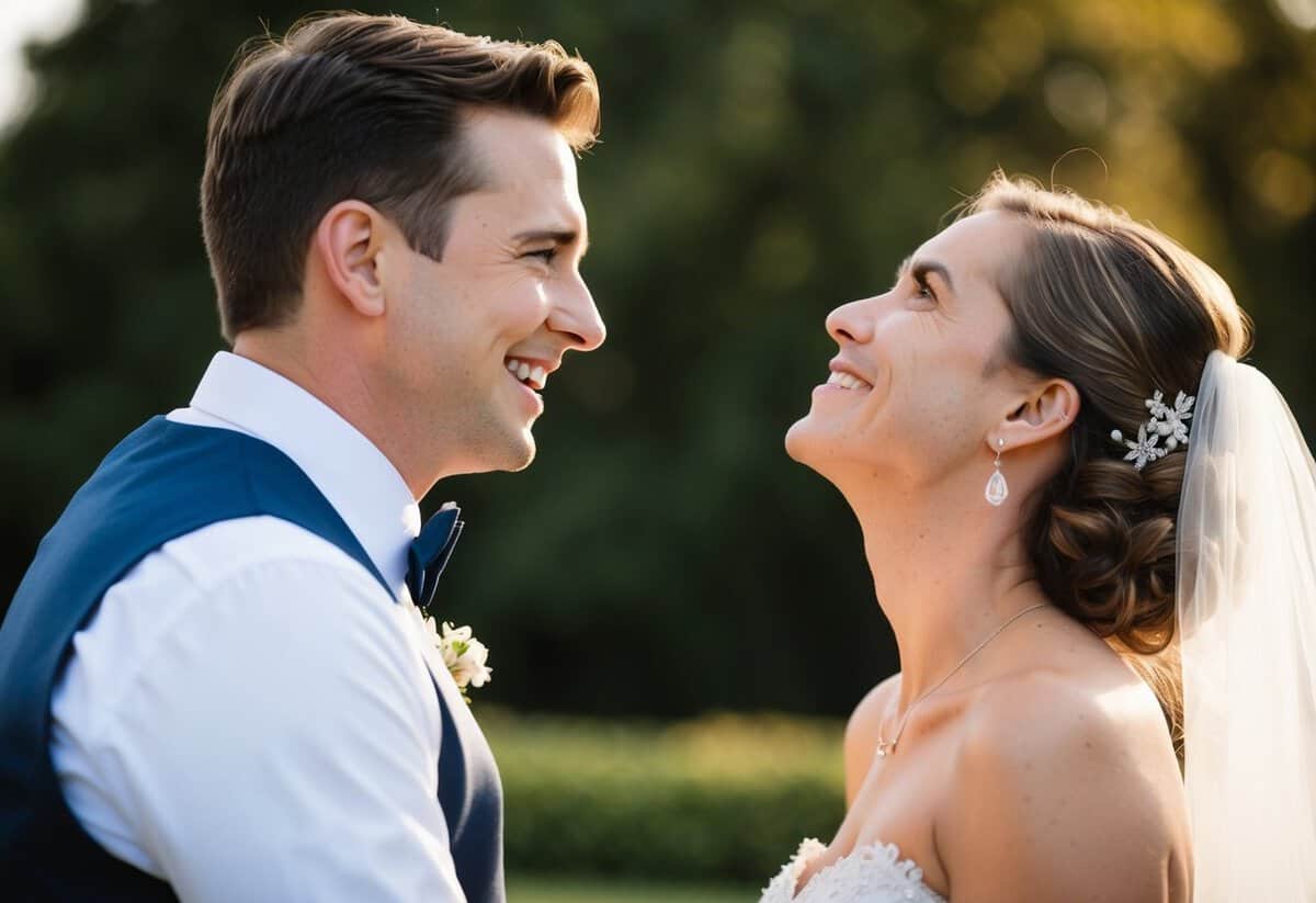 A groom leans in, smiling, as the bride tilts her head, looking up at him with anticipation