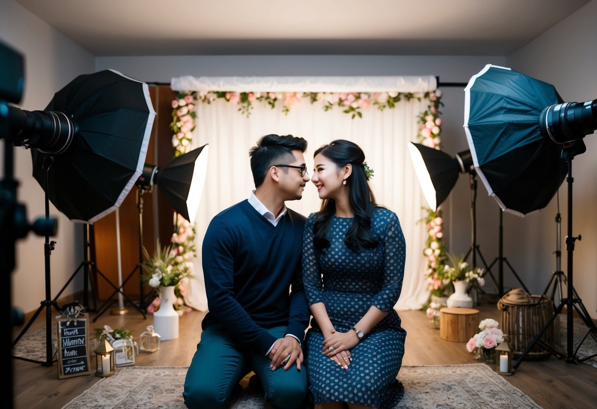 A couple hesitating in front of a camera, surrounded by various props and backdrops for a pre-wedding shoot
