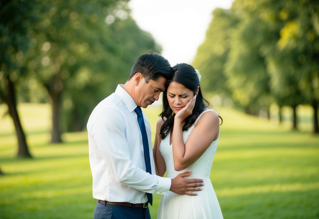 A couple standing in a beautiful outdoor setting, looking unhappy as they struggle to pose for a pre-wedding photoshoot